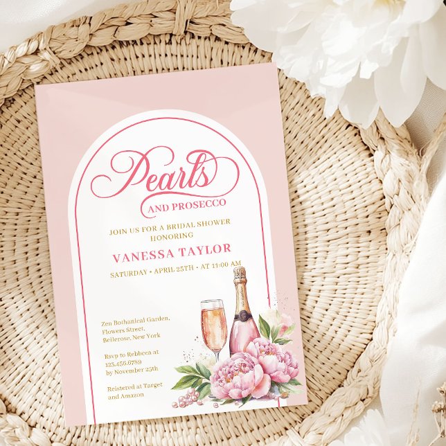 Invitation Sophisticated Blush and Gold Bridal Shower Card (Elegant Pearls and Prosecco Bridal Shower Invite)