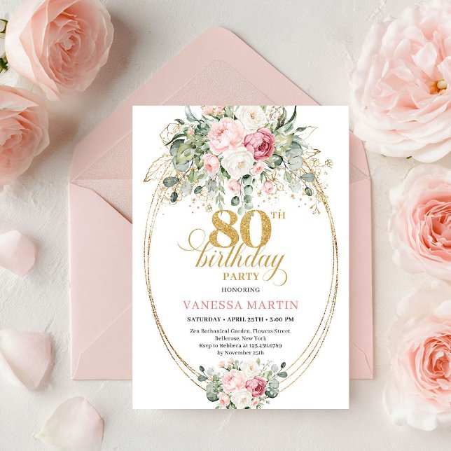 Invitation Sophisticated Bohemian Blush Roses 80th Birthday (Sophisticated Bohemian Blush Roses 80th Birthday)
