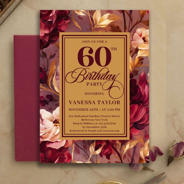 Invitation Sophisticated Boho 60th Birthday Maroon Blush Gold (Sophisticated 60th Birthday Maroon Blush Gold Invitation)