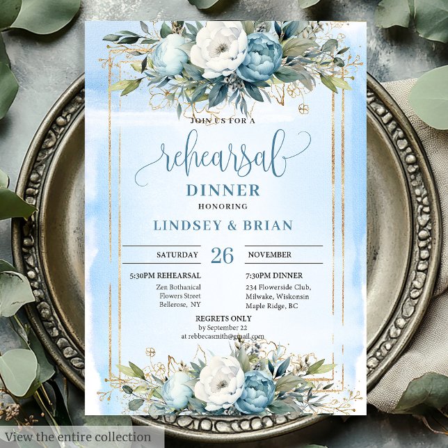 Invitation Sophisticated Dusty Blue Gold Frame Dinner Invite (Sophisticated Dusty Blue Gold Frame Dinner Invite)