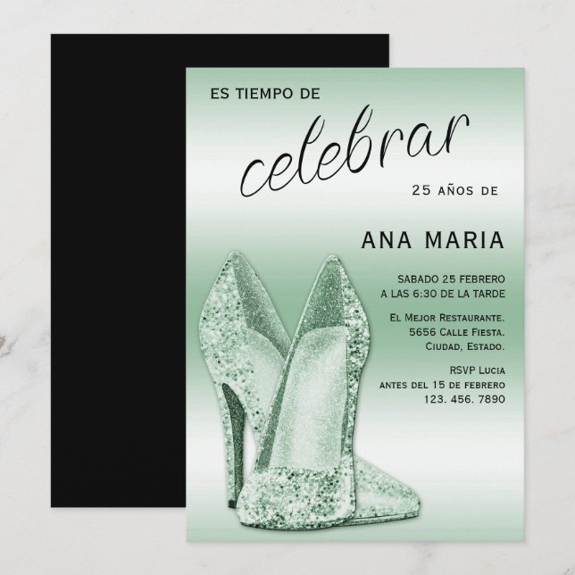 Invitation Sophisticated Green Spanish Feminine Birthday  (Devant / Derrière)