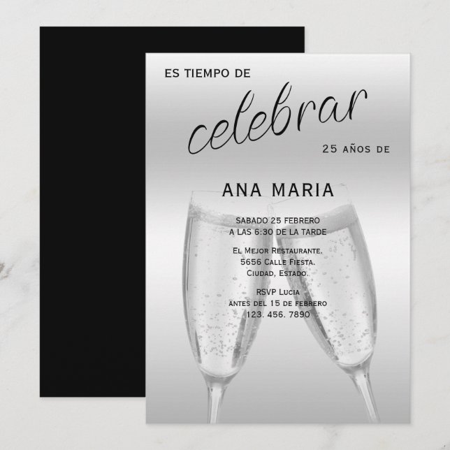 Invitation Sophisticated Silver Spanish Feminine Birthday  (Devant / Derrière)
