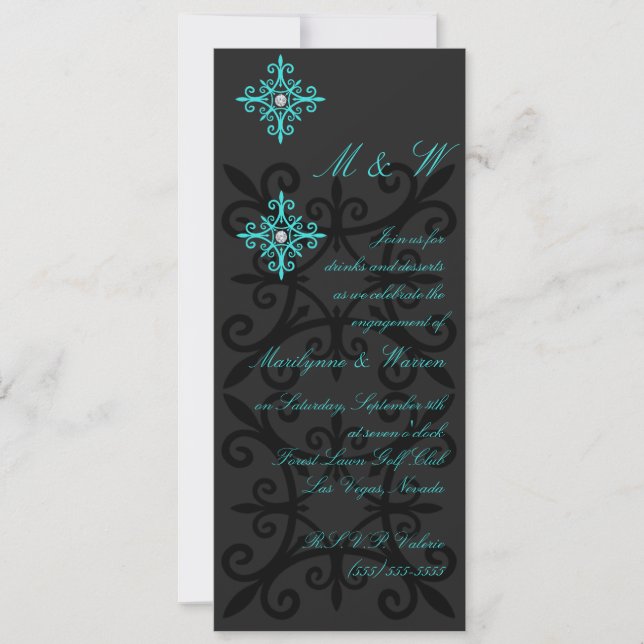Invitation Sophistiqué Black and Aqua Engagement Party (Devant)