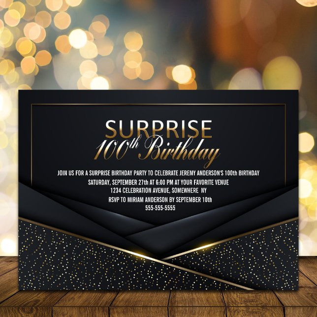 Invitation Sophistiqué Black Gold 100e Anniversaire Surprise (Créateur téléchargé)
