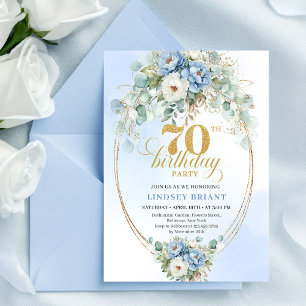 Invitation Sophistiqué Boho Bleu et Or Floral 70e Anniversair