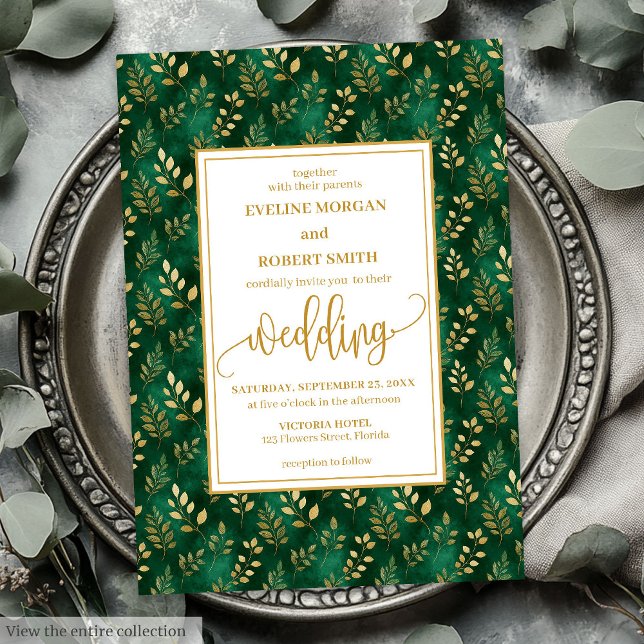Invitation Sophistiqué Emerald Green Gold Foliage Mariage (Sophisticated Emerald Green Gold Foliage Wedding Invitation)