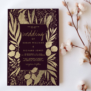 Invitation Sophistiqué mariage floral feuillage doré bordeaux
