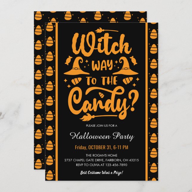 Invitation Sorcière À La Fête D'Halloween Candy (Devant / Derrière)
