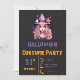 Invitation Sorcière aux Cheveux Roses Chapeau Violet Hallowee