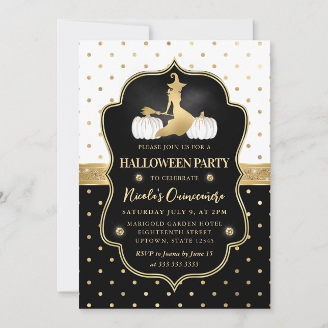 Invitation Sorcière avec Quinceanera Pois noir et blanc (Devant)