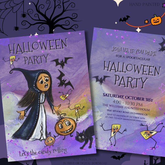 Invitation Sorcière Caprice, Citrouille et Maïs d'Halloween F (Whimsy Witch, Pumpkin & Candy Corn Halloween Party Invitation)
