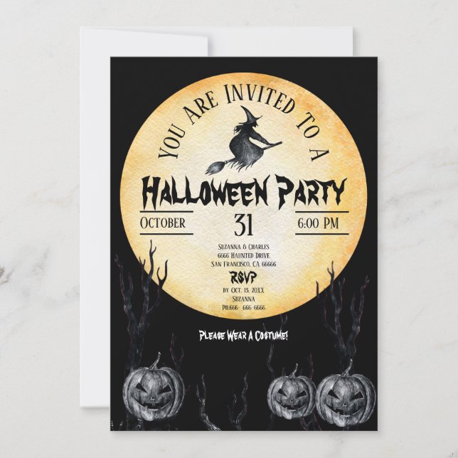 Invitation Sorcière de la fête d'Halloween Citrouilles Éffray (Devant)