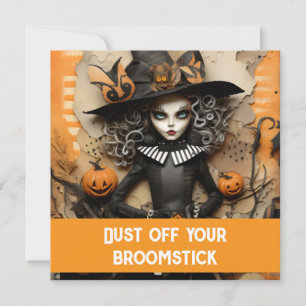Invitation Sorcière d'Halloween avec citrouilles