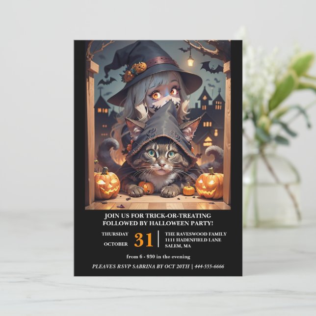 Invitation Sorcière et son chat Halloween Party (Debout devant)