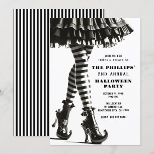 Invitation Sorcière gothique jambes rayées noir et blanc Hall