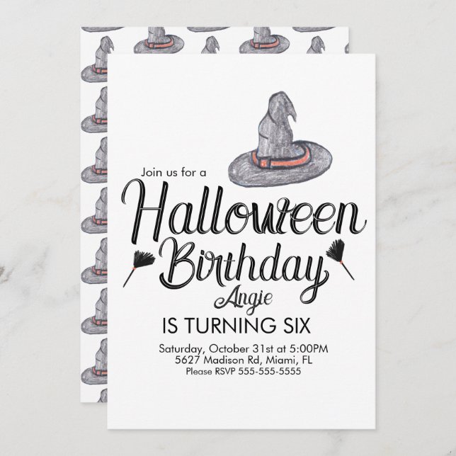 Invitation Sorcière Halloween Doodle Anniversaire (Devant / Derrière)