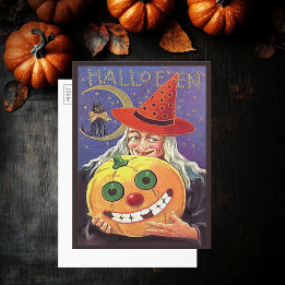 Invitation Sorcière Halloween vintage, Chat, Citrouille, Cart