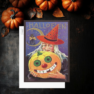Invitation Sorcière Halloween vintage, Chat, Citrouille, Cart