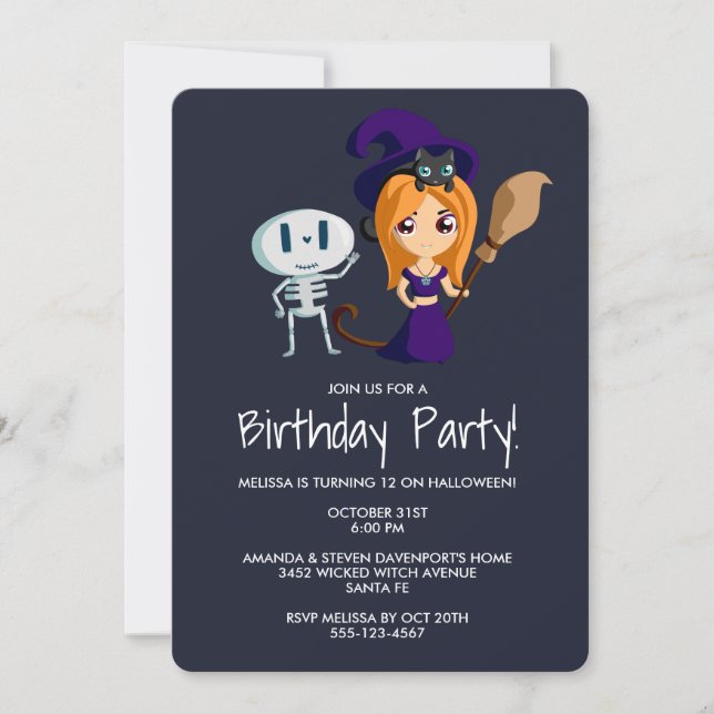 Invitation Sorcière mignonne avec Chat noir fête d'anniversai (Devant)