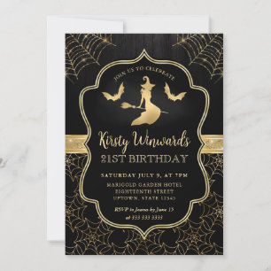 Invitation Sorcière noire et or et chauves-souris Damask 21e