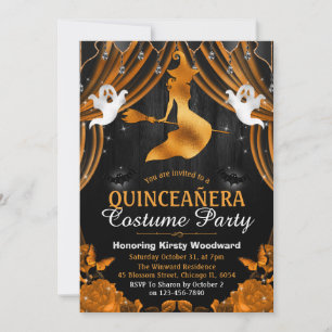 Invitation Sorcière noire et orange et rideau à paillettes Qu