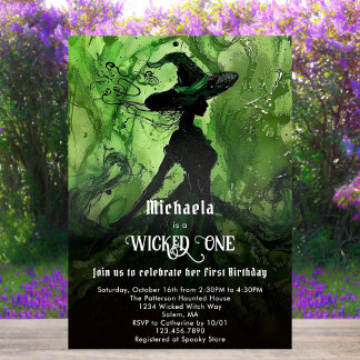 Invitation Sorcière Noire Verte Première Fille Première Anniv