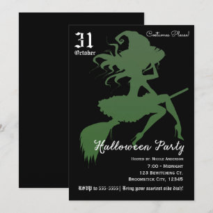 Invitation Sorcière verte balai volant fête d'Halloween