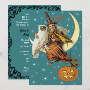 Invitation Sorcière vintage Et Chouette Sur La Lune