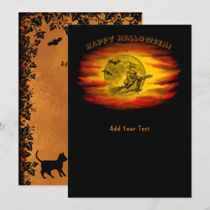 Invitation Sorcière volante avec chat noir, nuit halloween