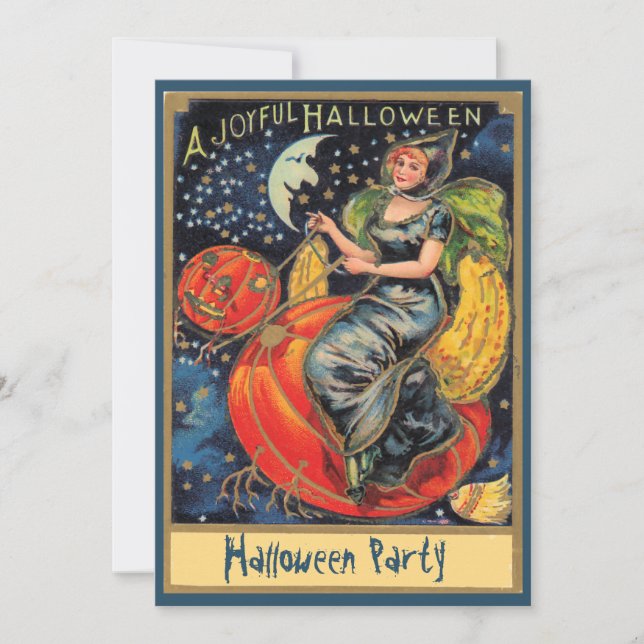 Invitation Sorcière volante citrouille fête d'Halloween (Devant)