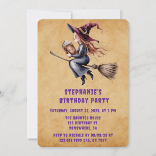 Invitation Sorcière Whimsical Flying Broom Girl Birthday Part