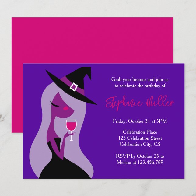 Invitation Sorcières Anniversaire Fête Halloween Vin rose vio (Devant / Derrière)