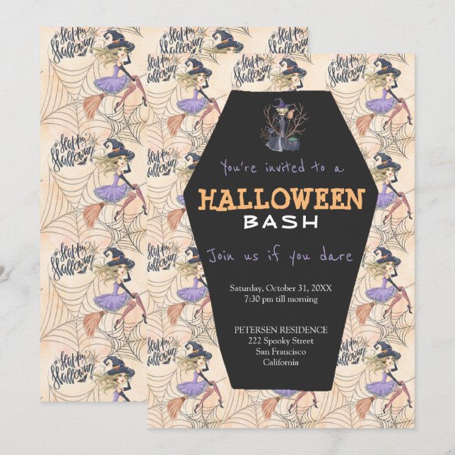 Invitation Sorcières d'Halloween moderne avec balai (Devant / Derrière)