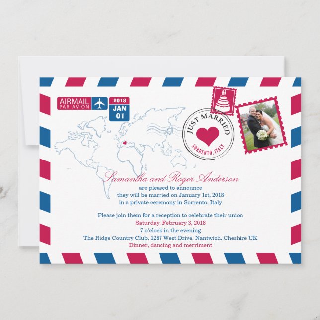 Invitation Sorrente Italie Par Avion Réception de Mariage (Devant)