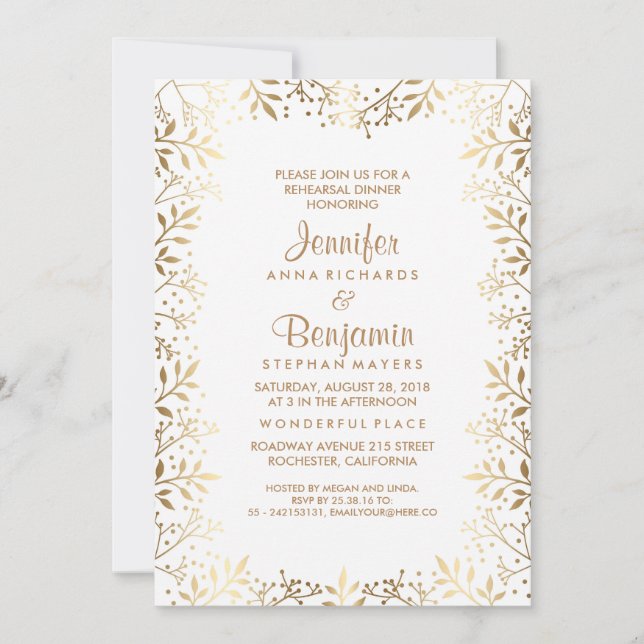 Invitation Souffle de bébé Dîner d'or et de répétition blanch (Devant)