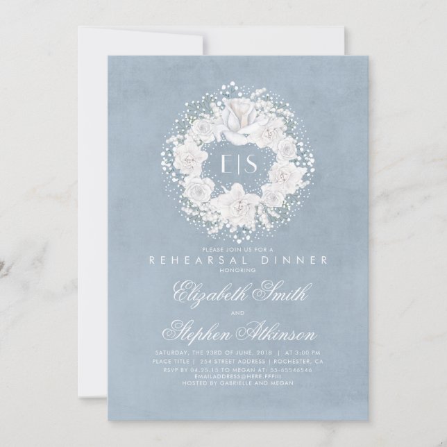 Invitation Souffle de bébé Dusty Blue Floral Rehearsal Diner (Devant)