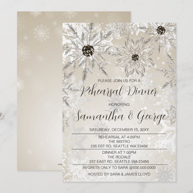 Invitation Souper de répétition hivernale Silver Gold Snowfla (Devant / Derrière)