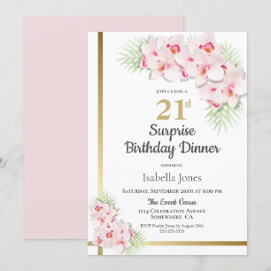 Invitation Souper Floral rose et or Surprise 21e anniversaire