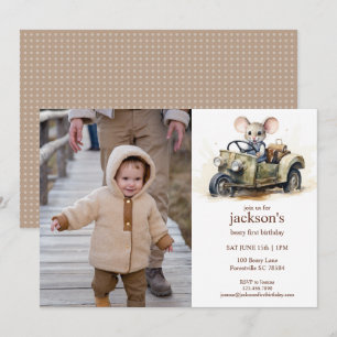 Invitation Souris aquarelle mignonne dans une voiture verte p