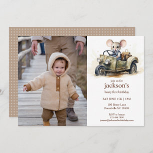 Invitation Souris d'aquarelle en vert 1er anniversaire