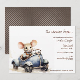 Invitation Souris d'aquarelle mignonne en Baby shower voiture
