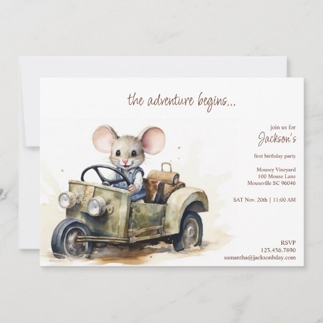 Invitation Souris d'aquarelle mignonne en voiture verte Anniv (Devant)
