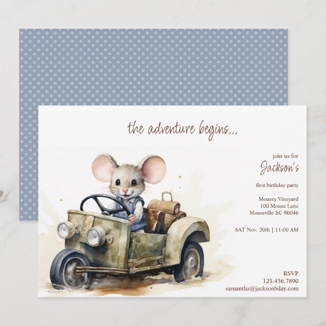 Invitation Souris d'aquarelle mignonne en voiture verte Anniv (Devant / Derrière)