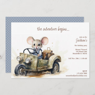Invitation Souris d'aquarelle mignonne en voiture verte Anniv