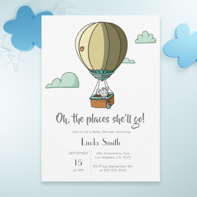Invitation Souris en Baby shower neutre à air chaud (Hot air balloon with mouse baby shower invitation)