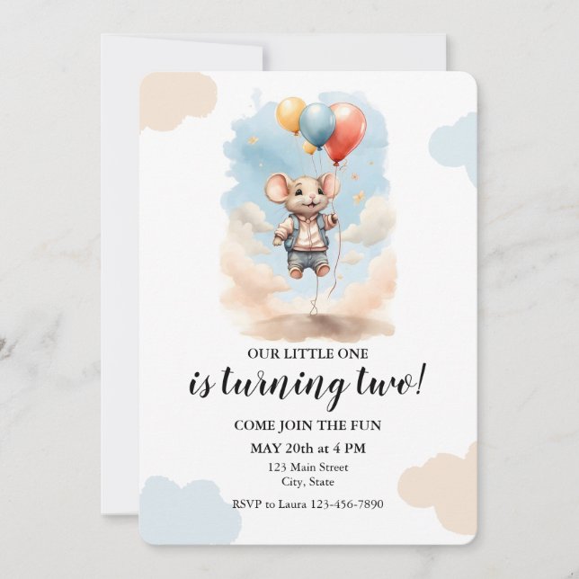 Invitation Souris mignonne avec ballons fête d'anniversaire (Devant)