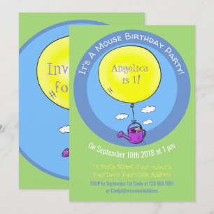 Invitation Souris mignonne dans un arrosoir avec un ballon de