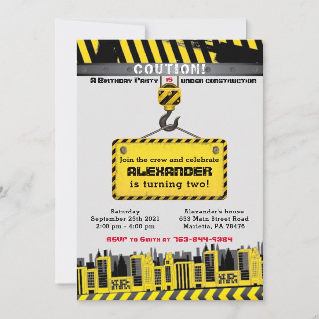 Invitation Sous Construction Camions Anniversaire Fête Invita (Devant)