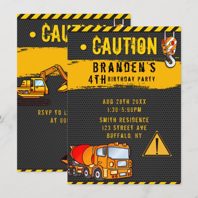 Invitation Sous Construction Camions de prudence Anniversaire (Devant / Derrière)