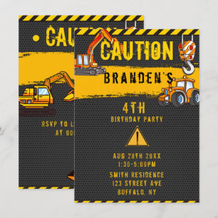 Invitation Sous construction Camions de prudence Anniversaire
